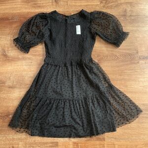 Gap Puff Sleeve Smocked‎ Mini Dress Size XS Black Mesh Swiss Dot Cocktail